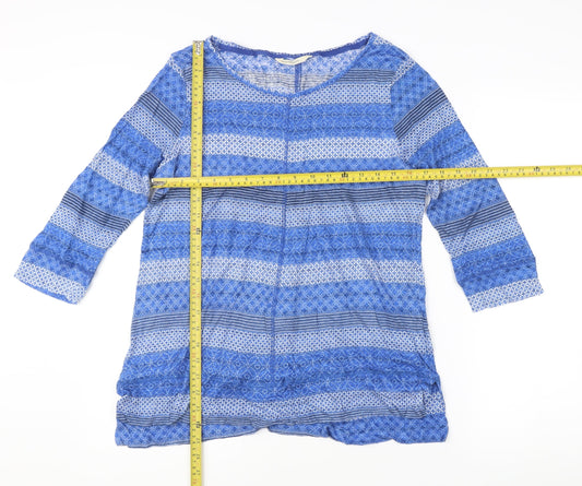WoolOvers Women's Blue Striped Cotton Tunic Top L 3/4 Sleeve