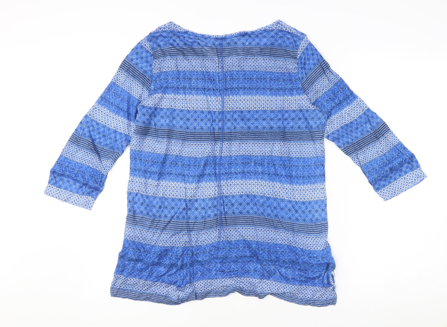 WoolOvers Women's Blue Striped Cotton Tunic Top L 3/4 Sleeve