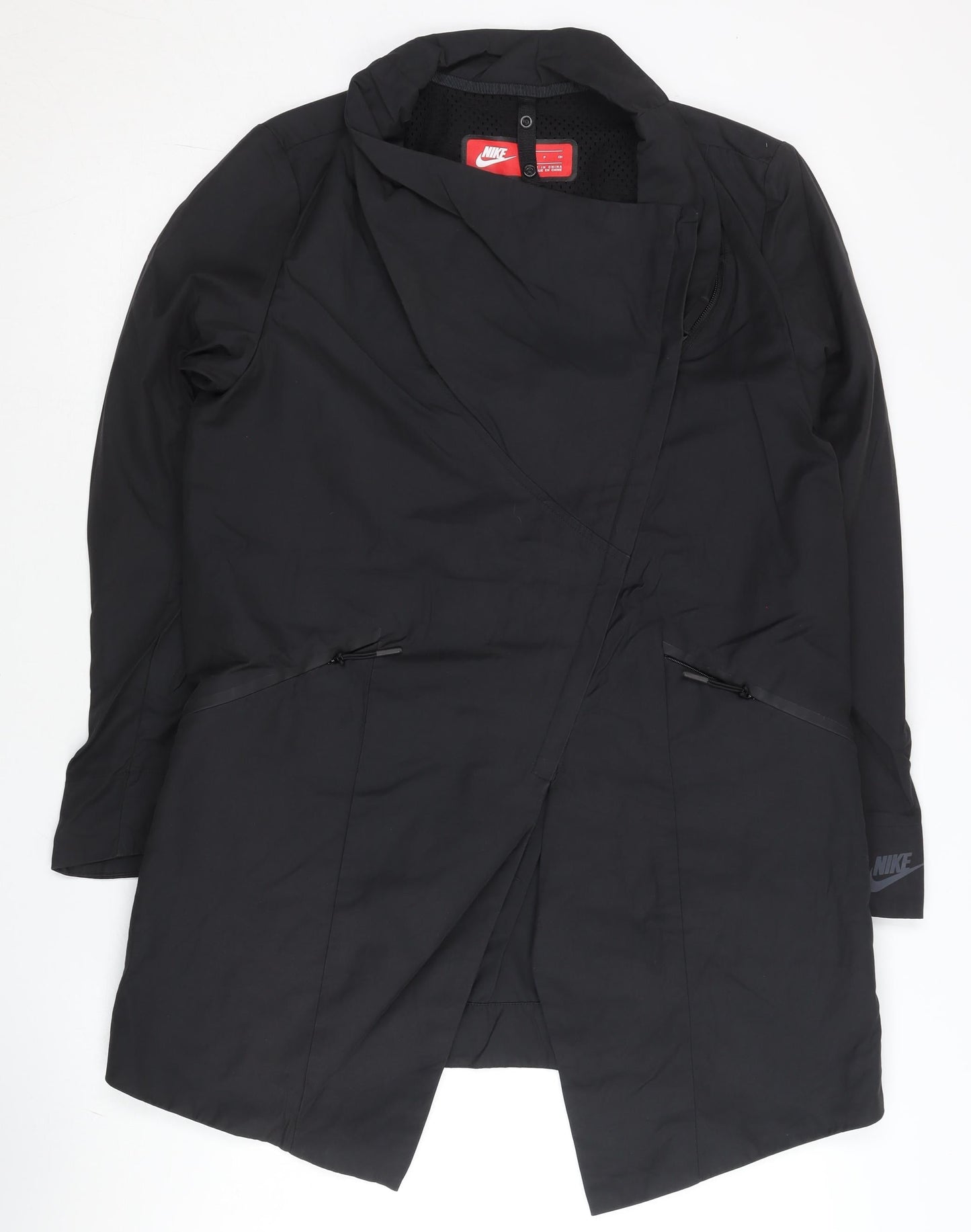 Nike Women's Black Long Rain Coat S Hooded Waterproof Lined