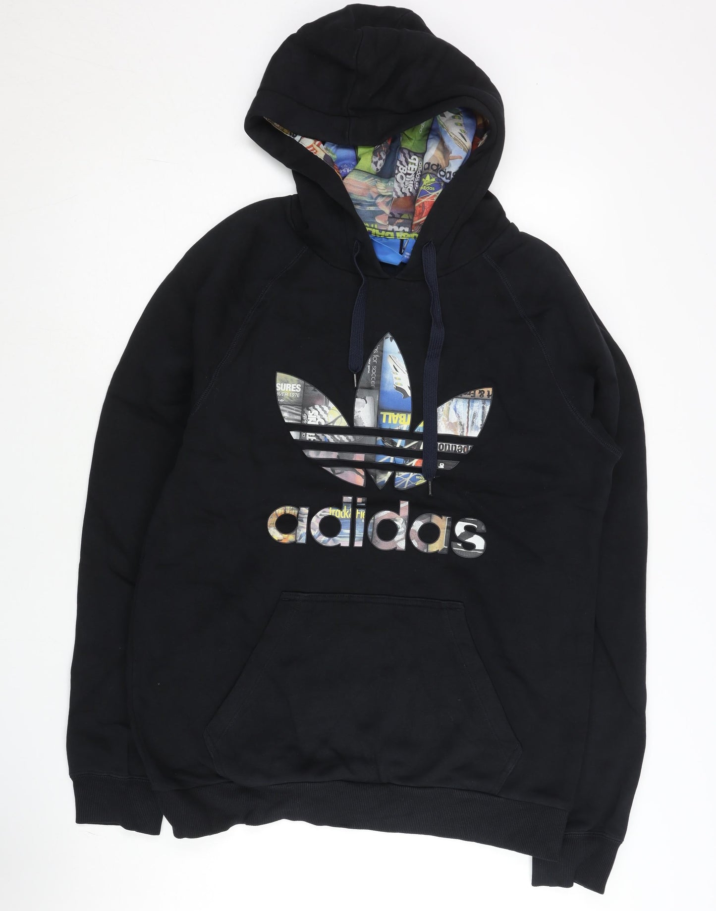 Adidas Mens Black L Pullover Hoodie Graphic Logo Fleece Sportswear