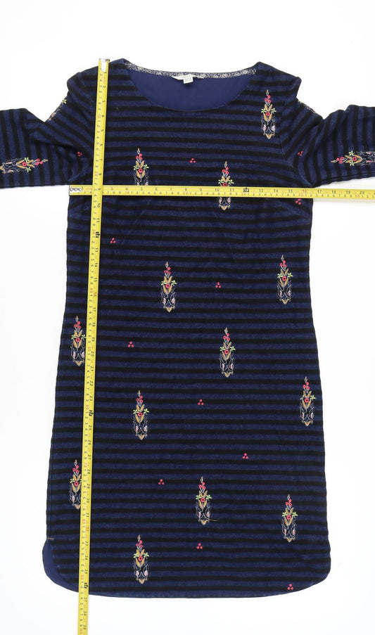 White Stuff Women's Blue Size 8 Shift Dress Striped Embroidered Velvet