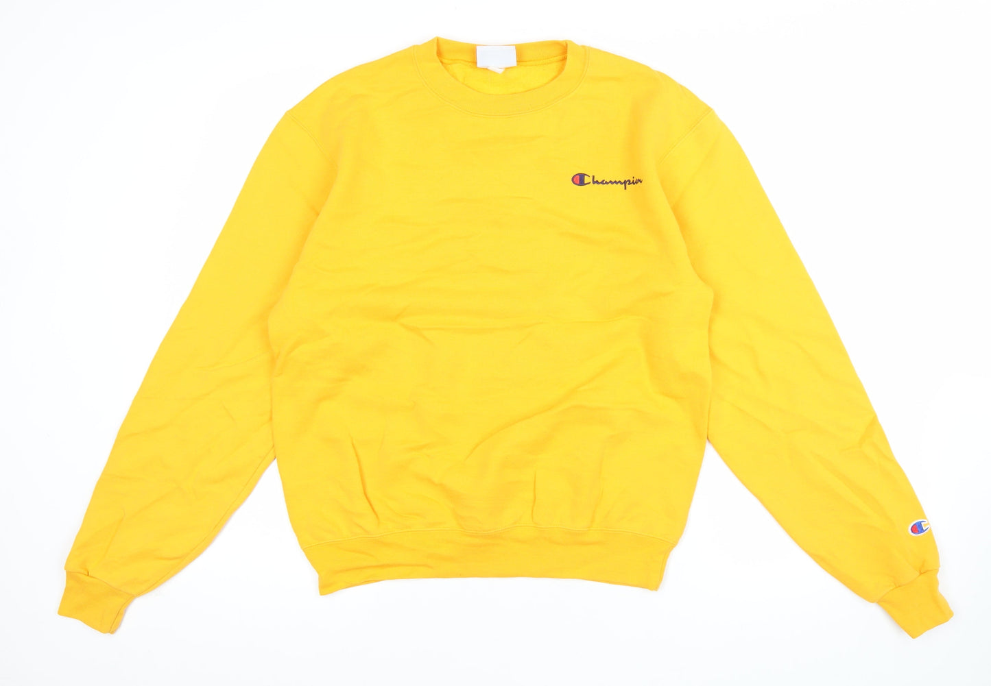 Champion Men’s Yellow Pullover Sweatshirt S Crew Neck Fleece Logo