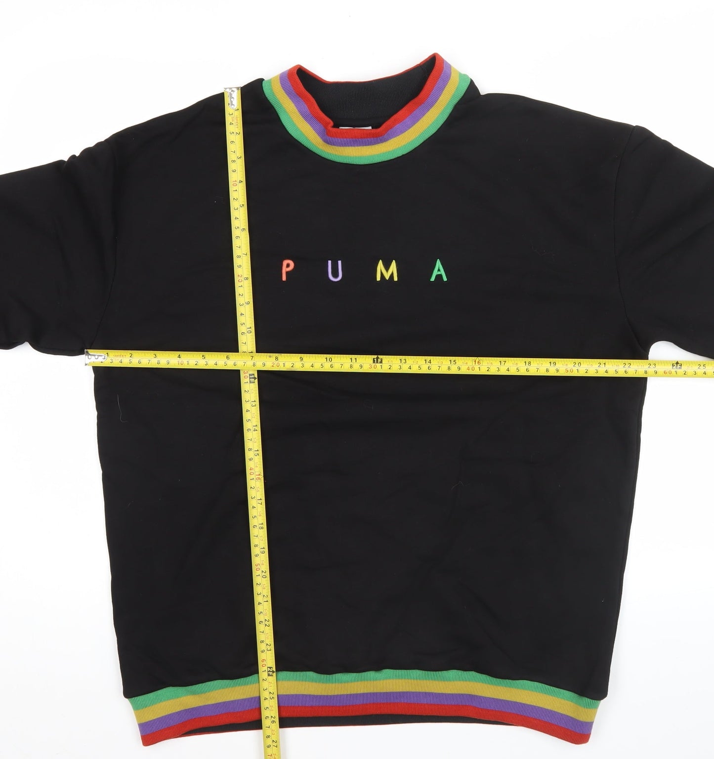 Puma Men's Black L Pullover Sweatshirt Rainbow Trim Embroidered Logo