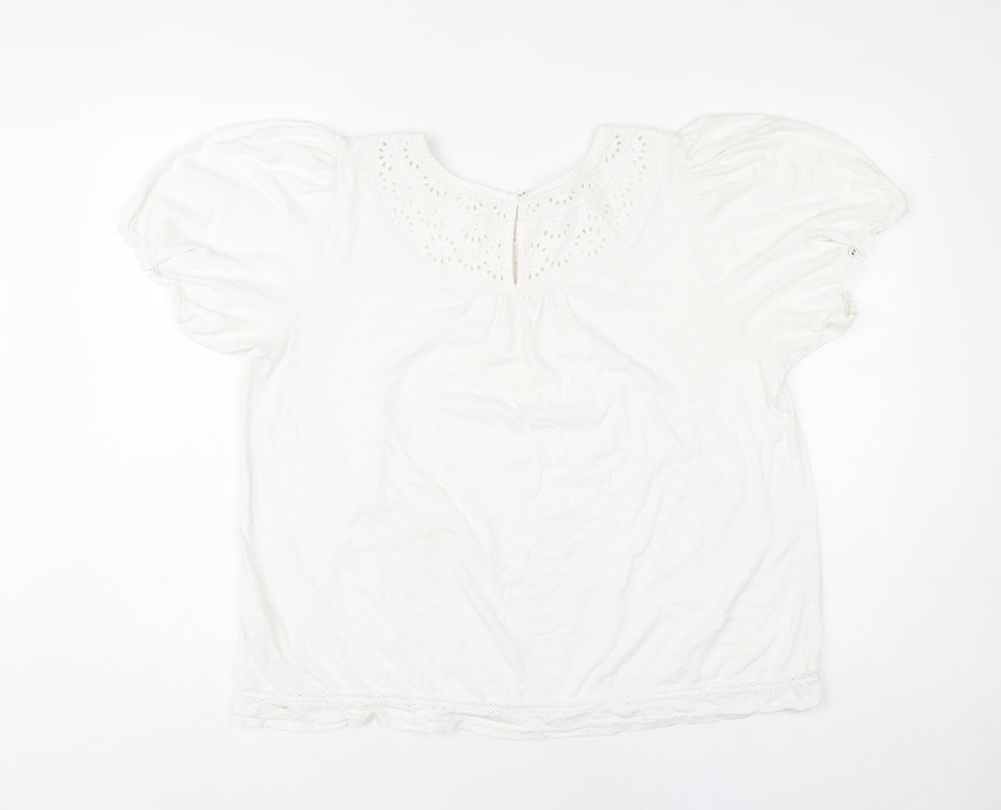 Fat Face Women’s White Size 16 Puff Sleeve Embroidered Blouse