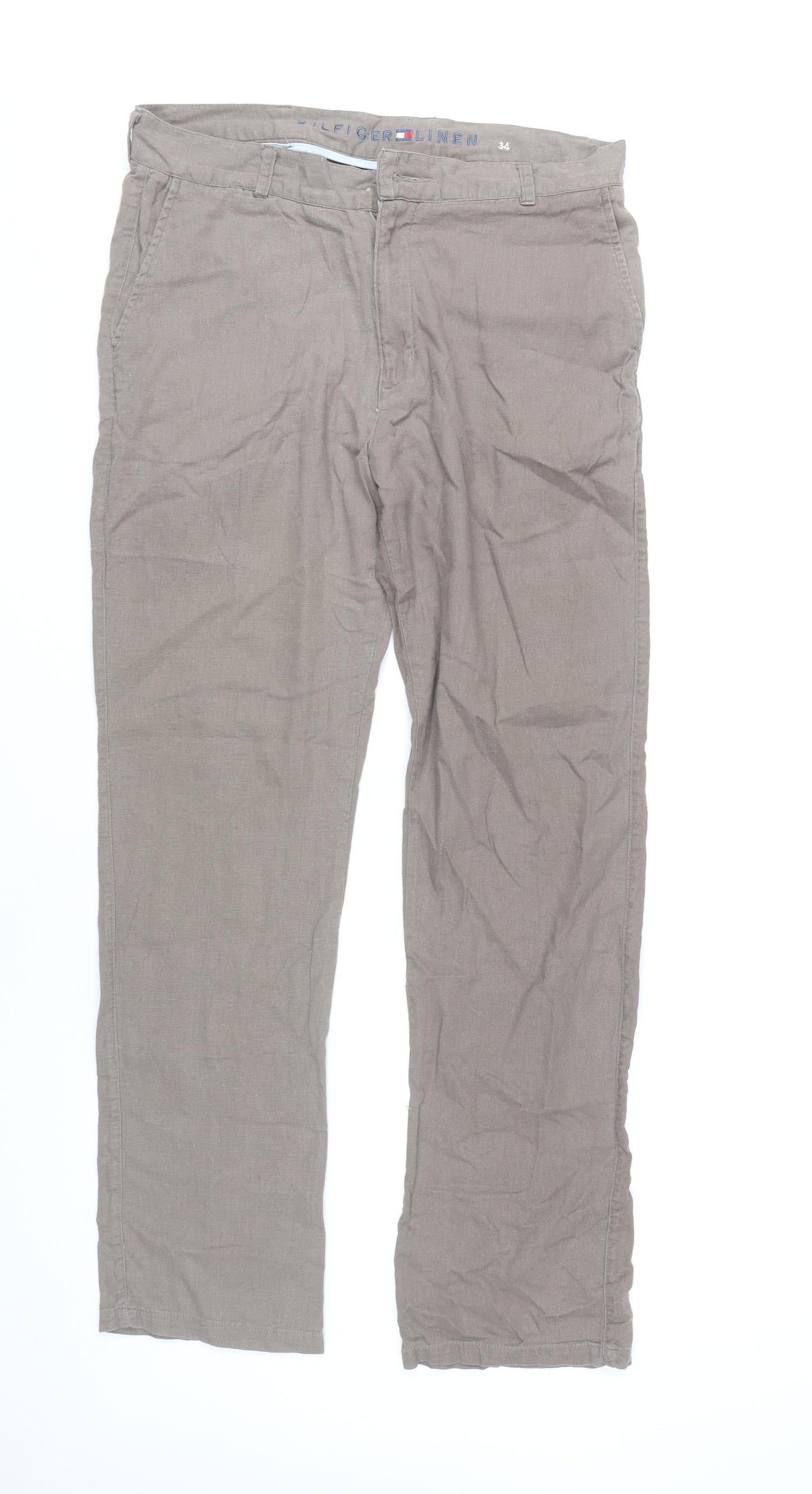 Tommy Hilfiger Men's Brown Linen Chino Trousers Size 34 Regular Fit