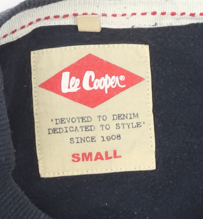 Brand and care label for Lee Cooper Men’s Blue Small Pullover Sweatshirt Crew Neck Fleece Logo