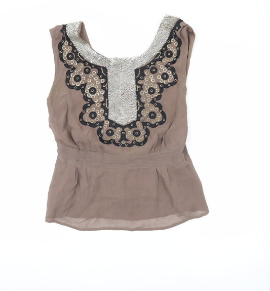 French Connection Women’s Brown Beaded Sequin Tunic Blouse Size 14