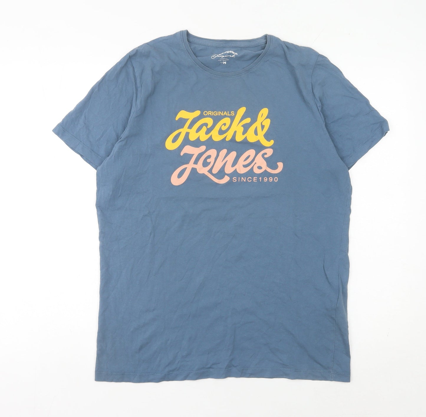 Jack & Jones Men's Blue Graphic Logo T-Shirt Size M Cotton Crew Neck