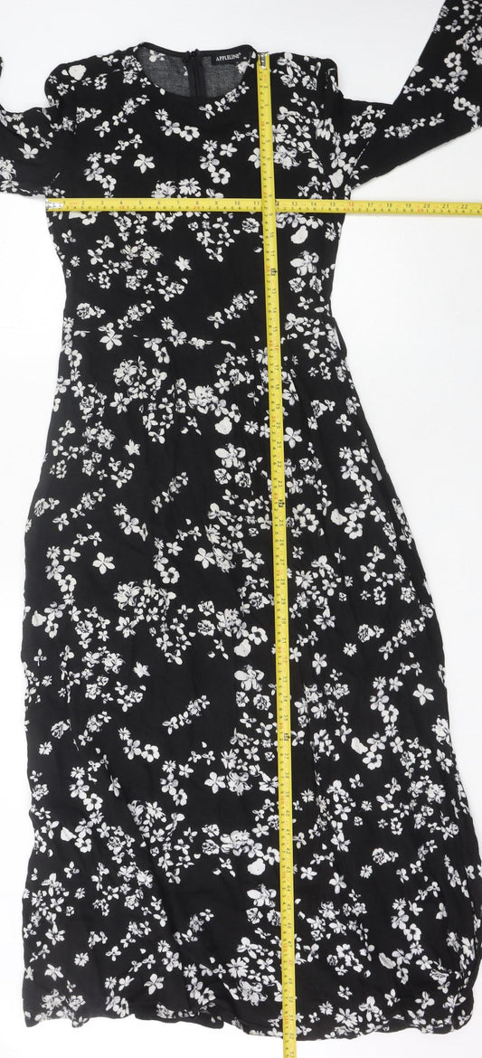 APPLELINE Women's Black Floral Midi A-Line Dress Size 8 Viscose