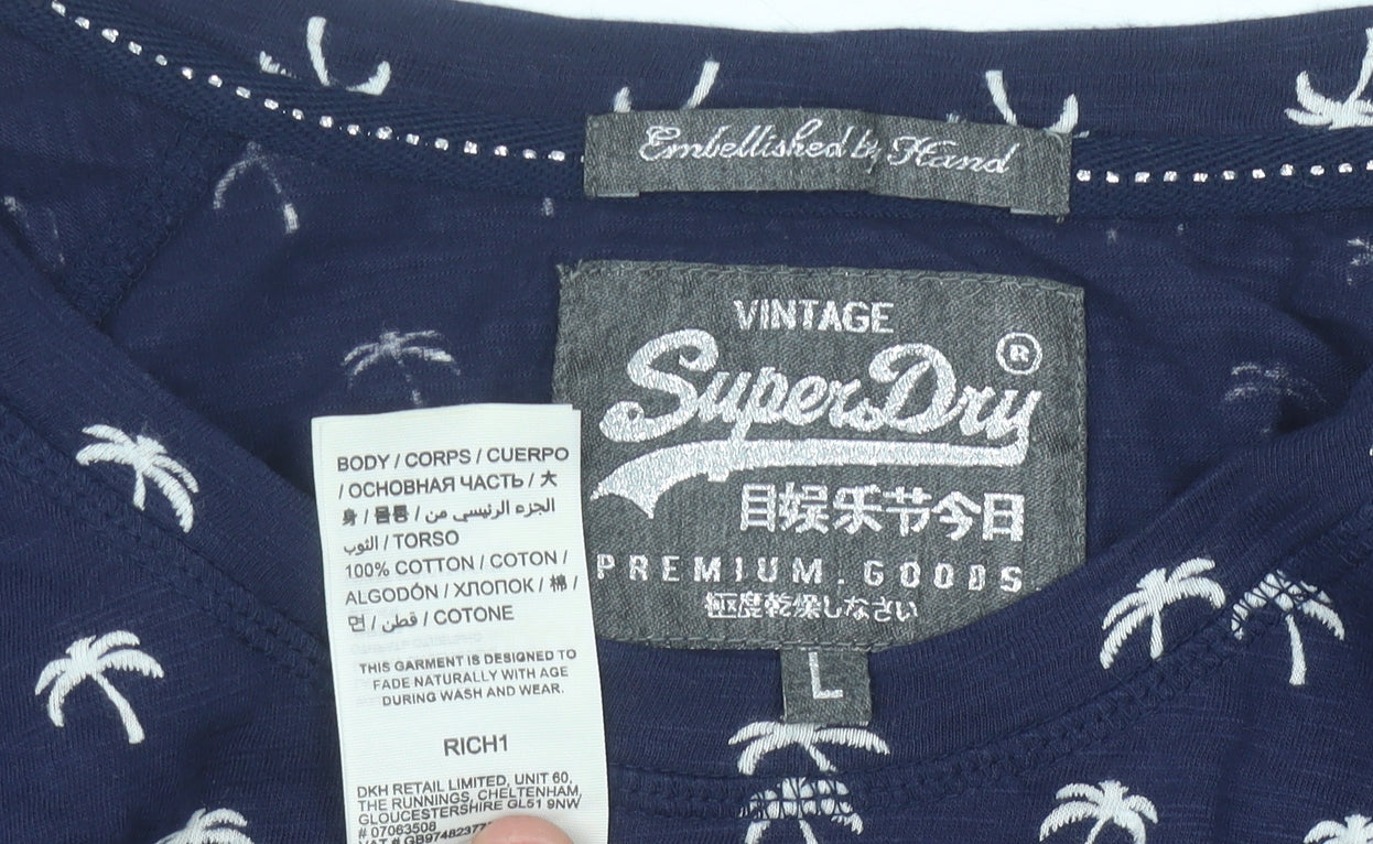 Superdry Womens Blue L Tropical Sequin Embellished T-Shirt