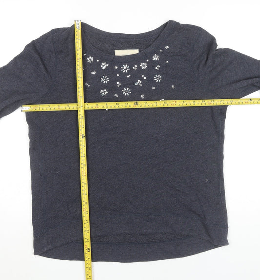 Hollister Women Blue L Pullover Sweatshirt Beaded Crew Neck Long Sleeve