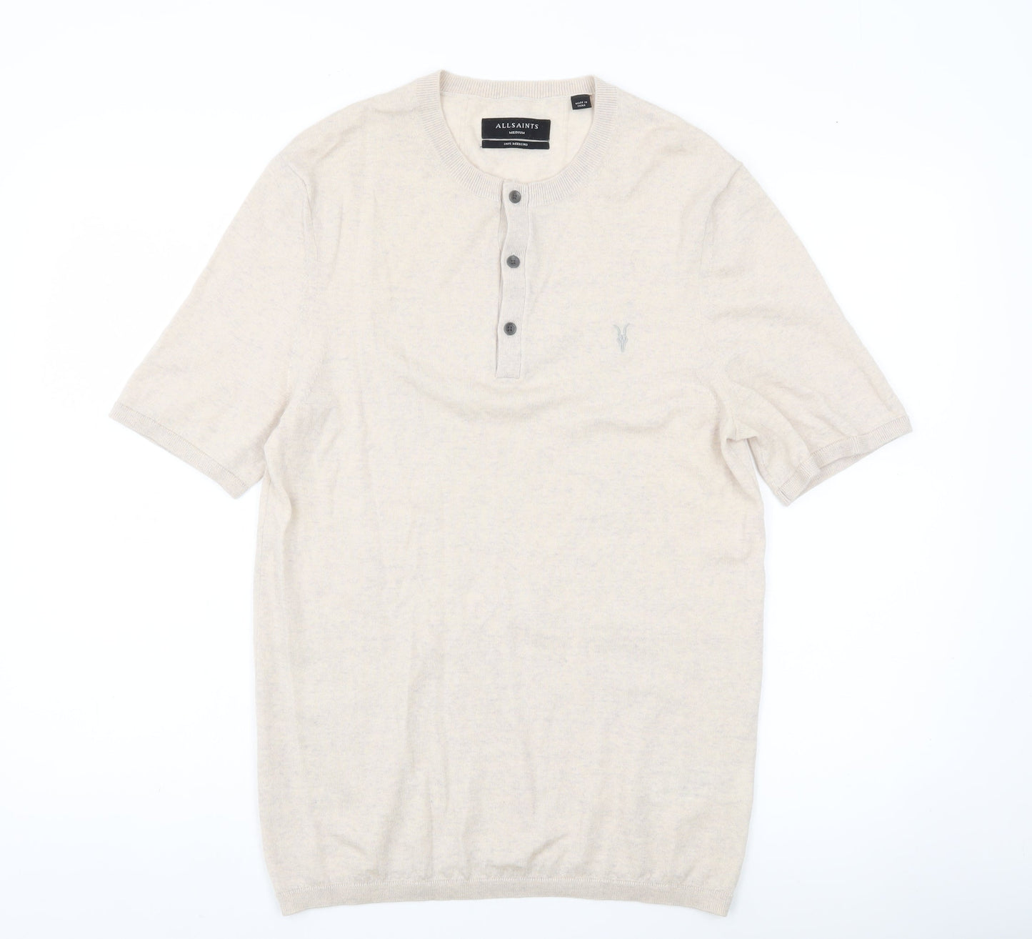 AllSaints Men’s Beige Wool Henley Jumper Medium Short Sleeve