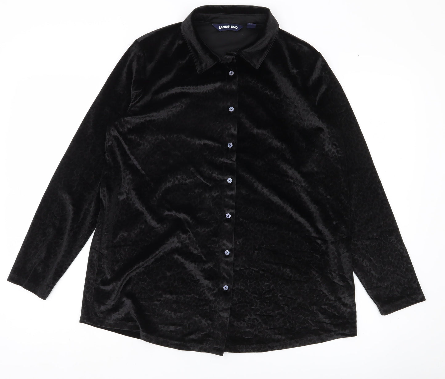 Lands' End Women Black Petite M Velvet Button-Up Shirt