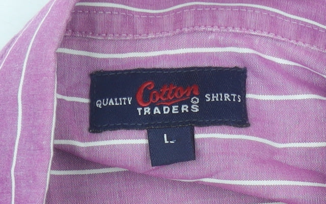 Cotton Traders Men's Pink Striped Short Sleeve L Regular Fit Shirt