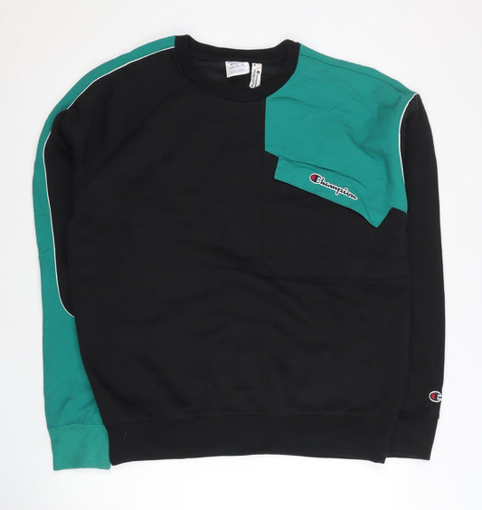 Champion Mens Black Green Logo Sweatshirt Medium Cotton Pullover