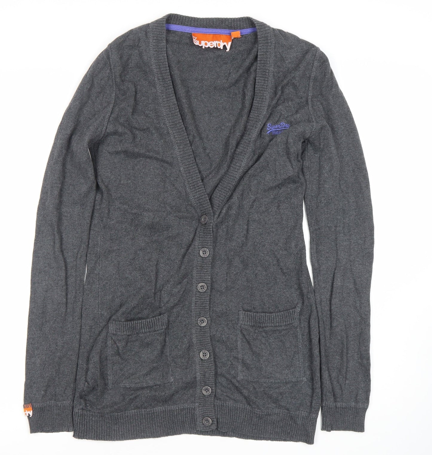 Superdry Womens Grey Cotton Cardigan Small V-Neck Button Knit