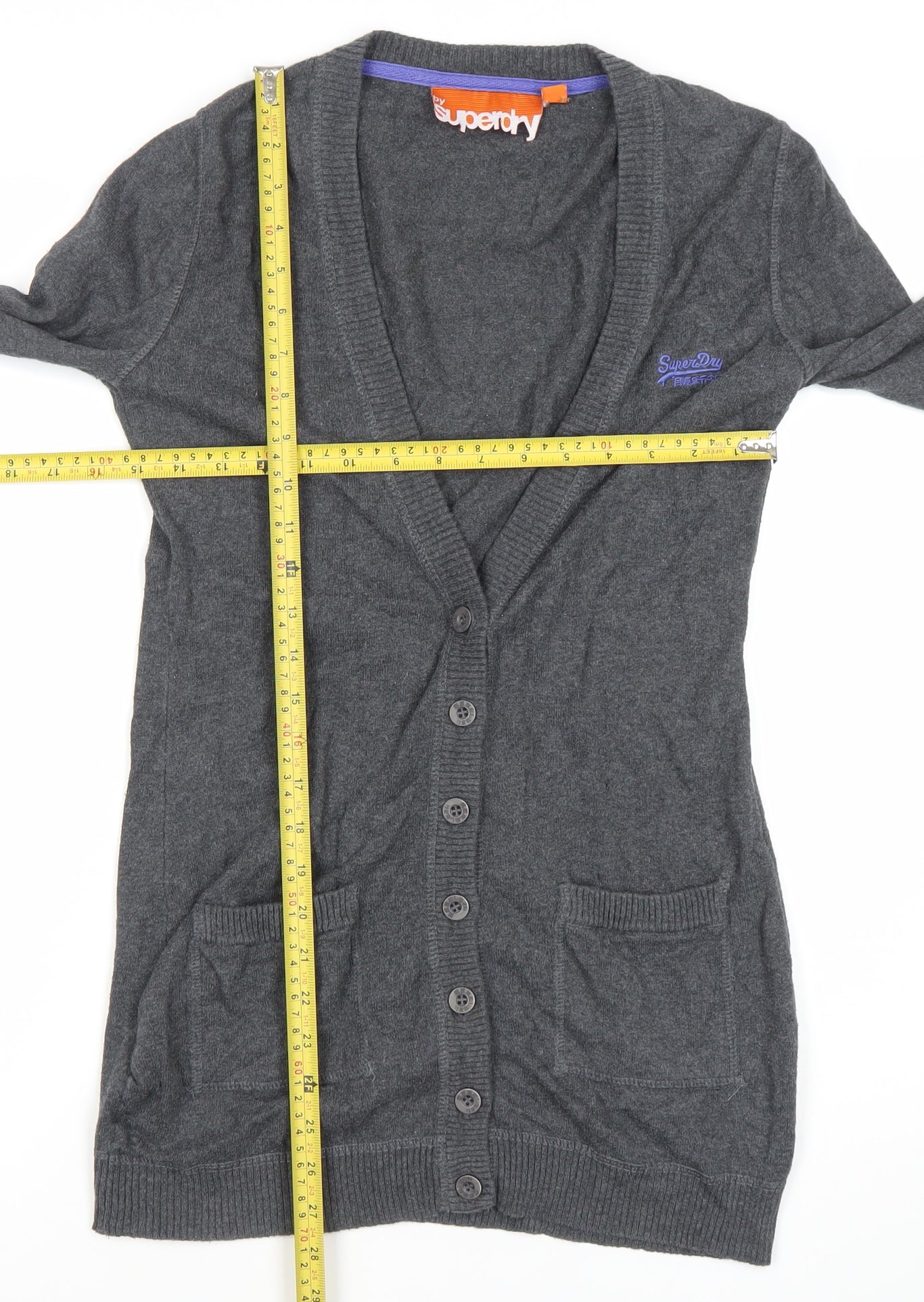 Superdry Womens Grey Cotton Cardigan Small V-Neck Button Knit