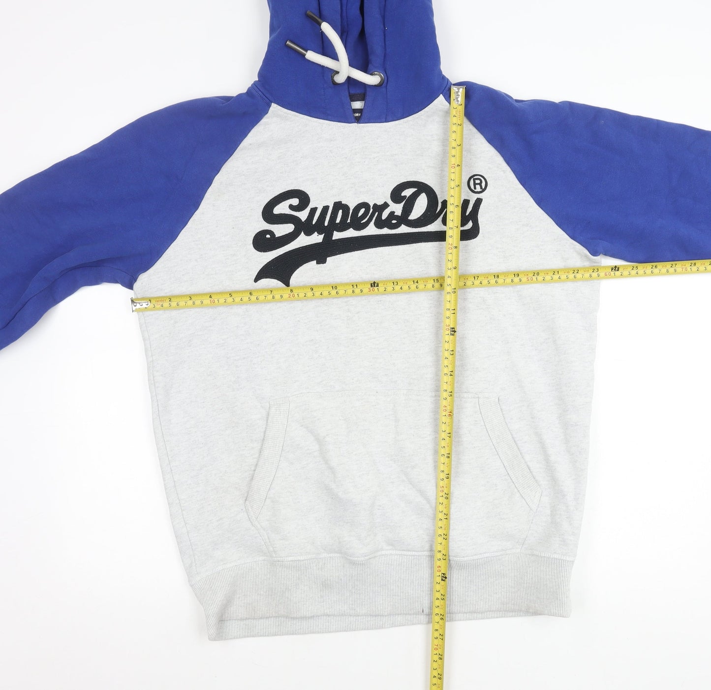 Superdry Men’s Grey Blue XL Pullover Hoodie Logo Cotton Blend