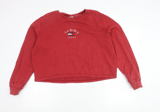 Tommy Jeans Women Red Cotton Sweatshirt L Embroidered Logo Pullover