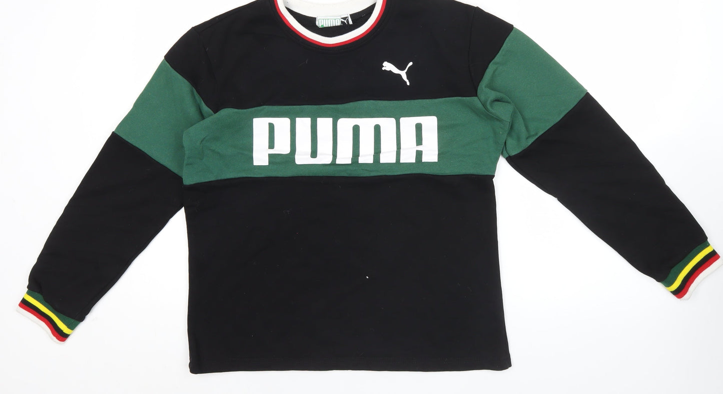 Puma Mens Black Green Logo Sweatshirt M Crew Neck Long Sleeve