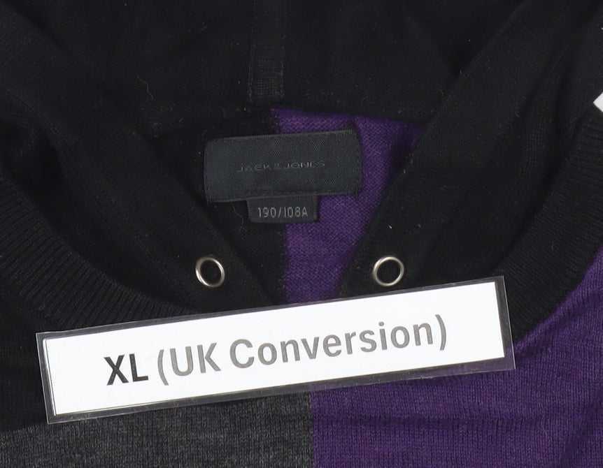 Jack & Jones Men’s XL Black Purple Grey Pullover Hoodie Logo Block Knit