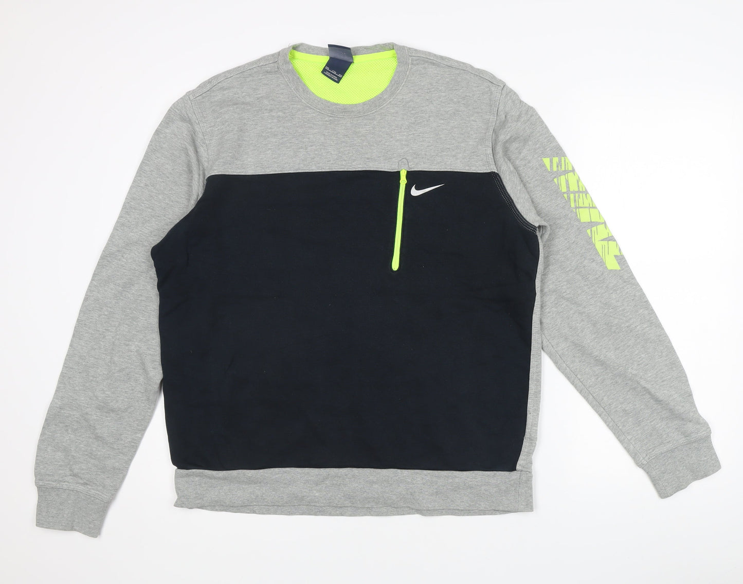 Nike Mens 2XL Grey Black Crew Neck Pullover Sweatshirt Logo Zip