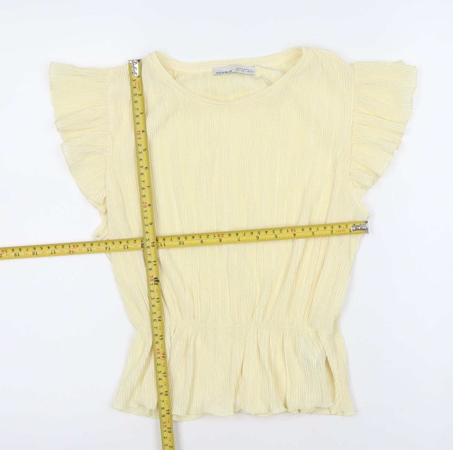 Pull & Bear Womens Yellow Blouse L Flutter Sleeve Ruffle Tunic Top