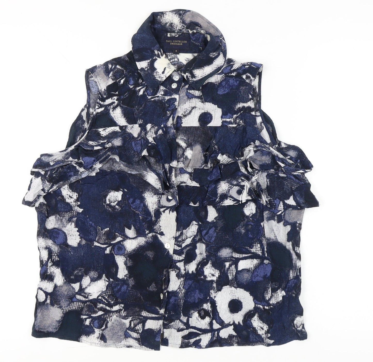 Paul Costelloe Women’s Blue Floral Ruffle Sleeveless Blouse Size 4