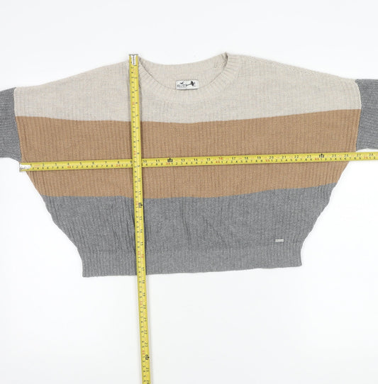 Hollister Womens M Beige Brown Grey Striped Knit Pullover Jumper