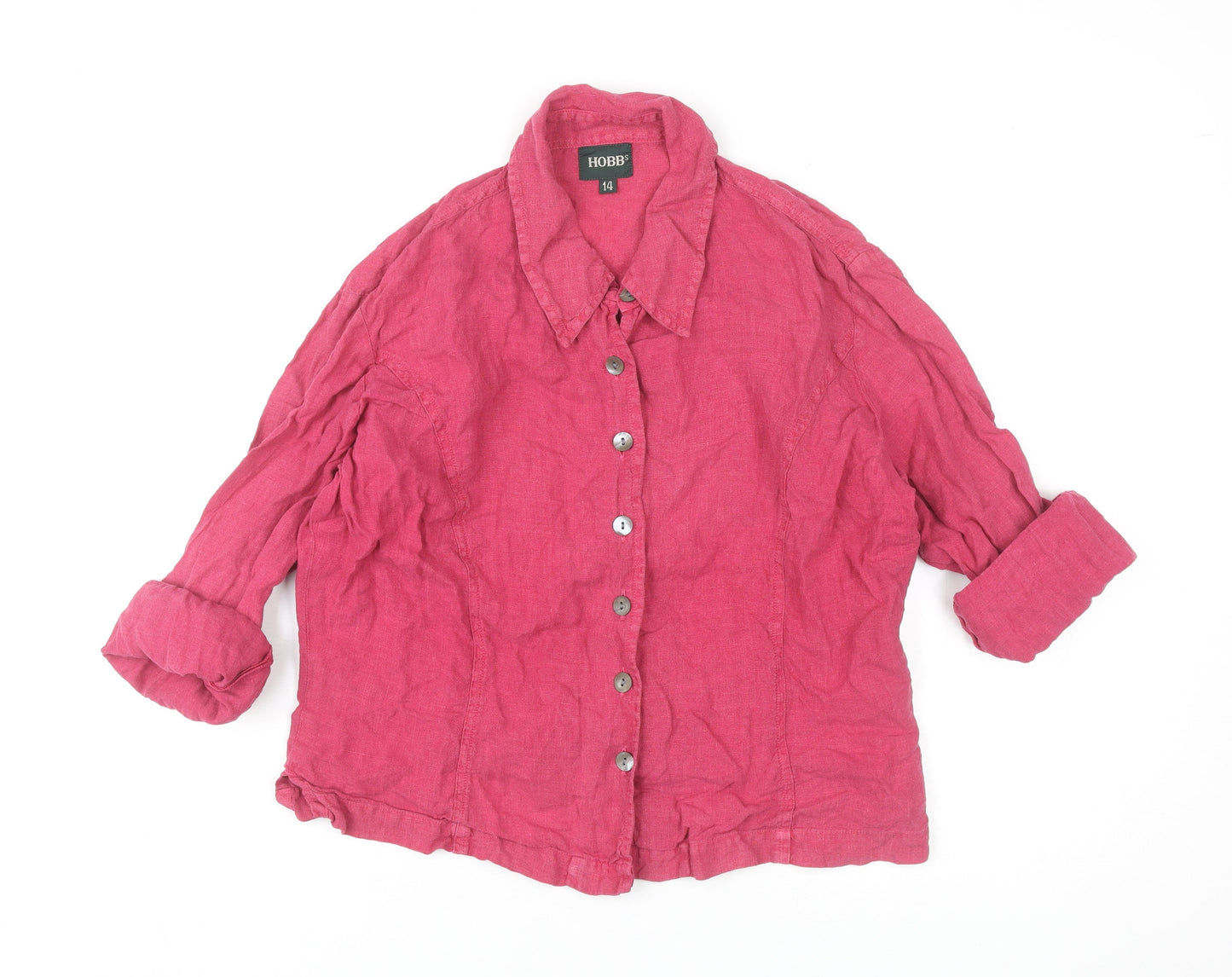 Hobbs Womens Pink Linen Button-Up Shirt Size 14 3/4 Sleeve