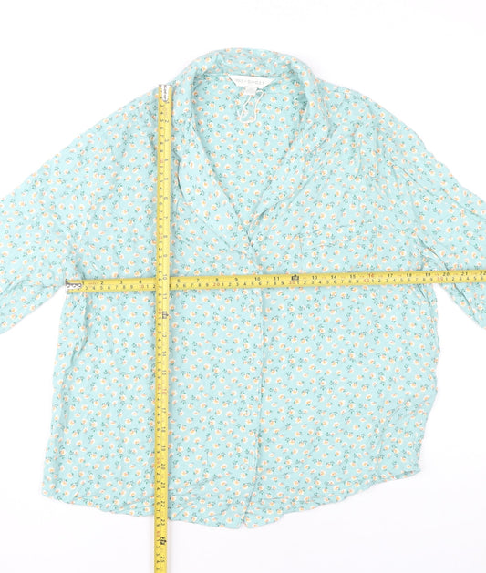 Marks and Spencer Womens Blue Floral Collared Pyjama Shirt Top Size 14