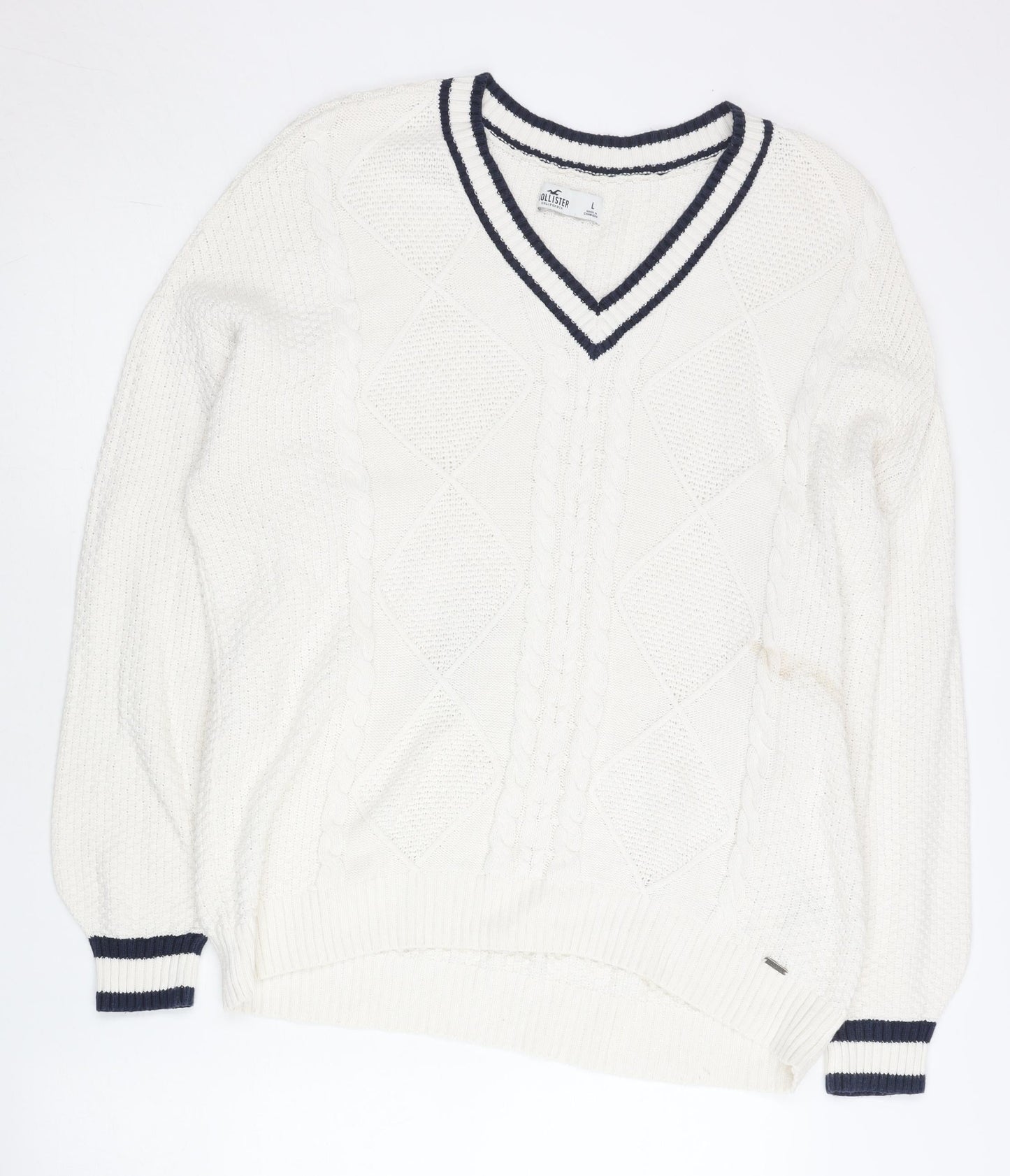 Hollister Women White Cotton Cable Knit V-Neck Jumper L