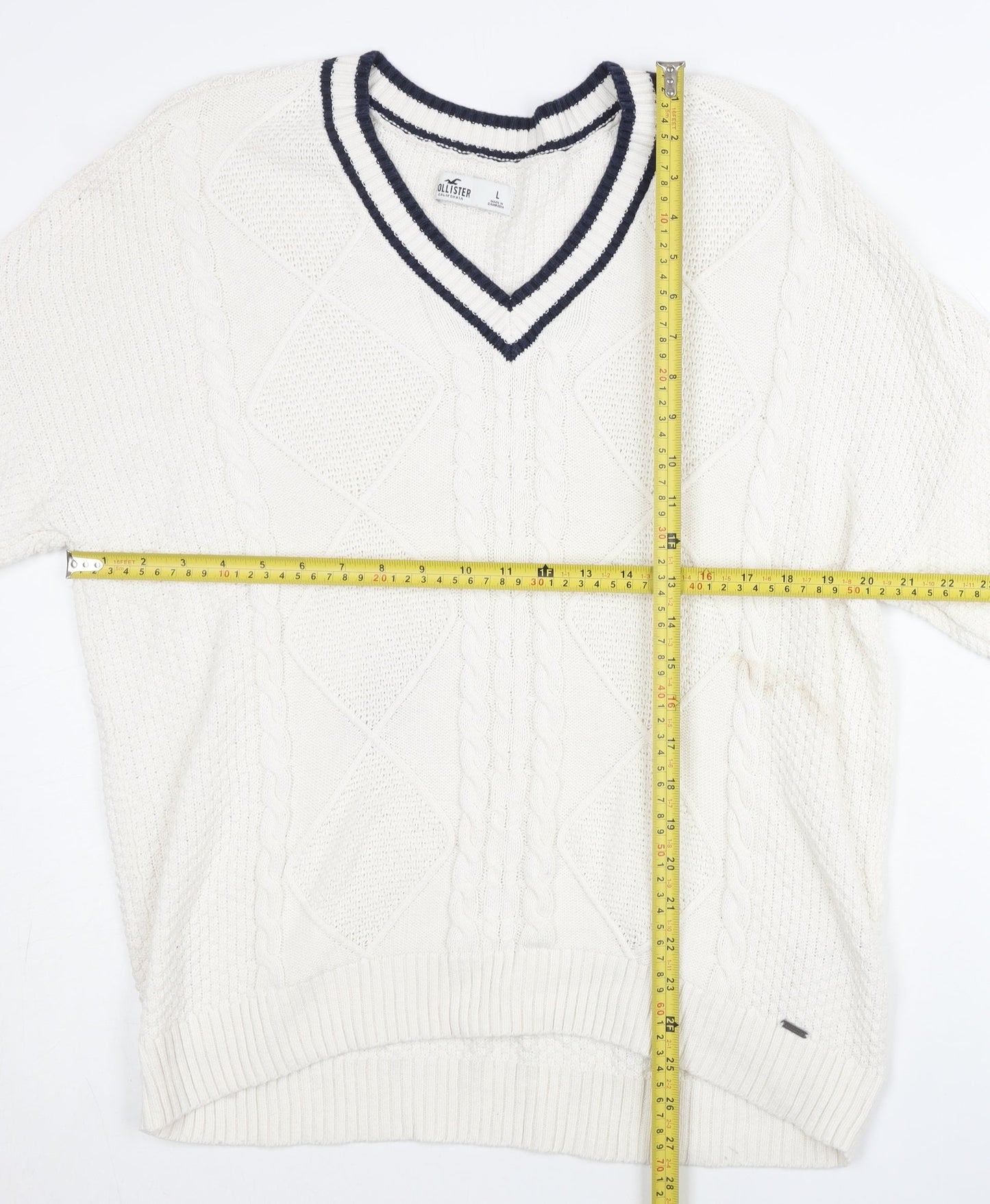 Hollister Women White Cotton Cable Knit V-Neck Jumper L