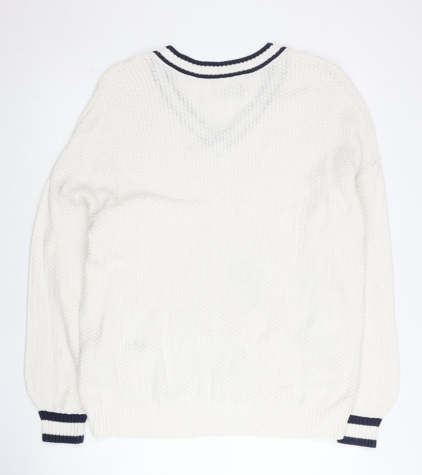 Hollister Women White Cotton Cable Knit V-Neck Jumper L