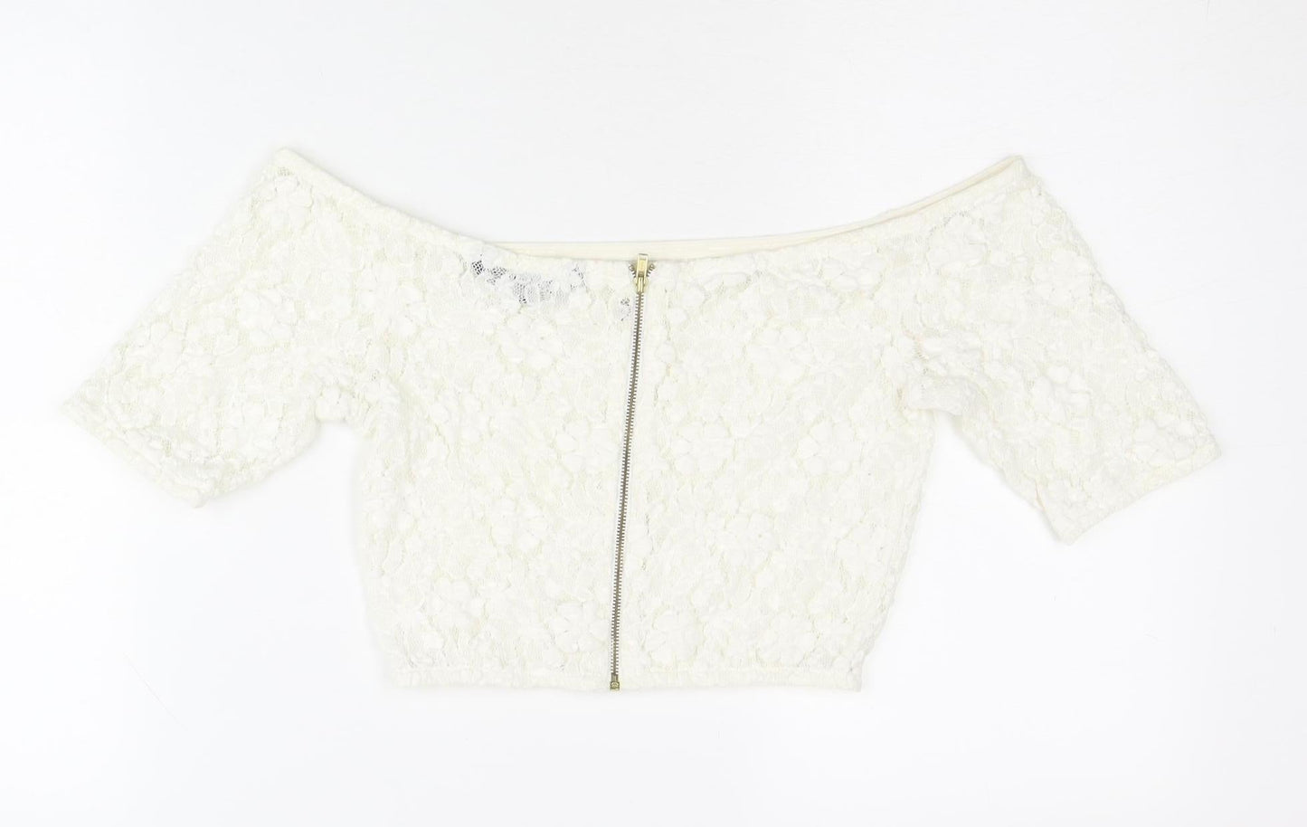 French Connection Women’s Ivory Lace Cropped Off-Shoulder Blouse UK 10