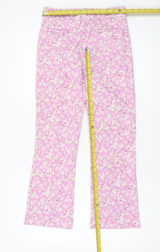 Zara Womens Pink Floral Cotton Slim Trousers Size 8