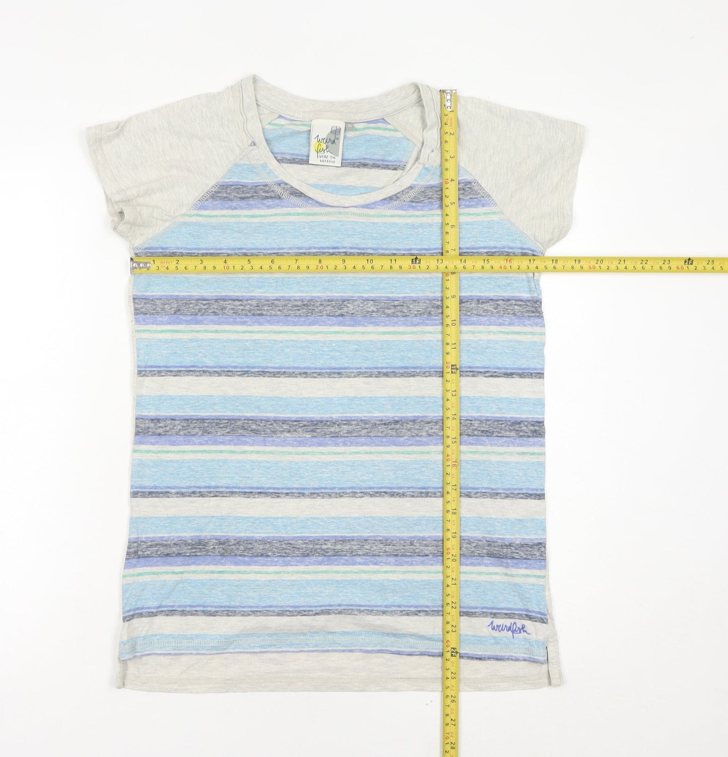 Weird Fish Womens Blue Striped T-Shirt Size 10 Short Sleeve Cotton Blend