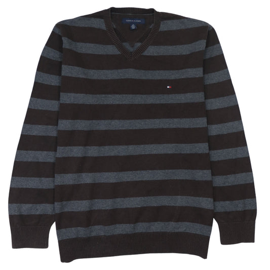 Tommy Hilfiger Men’s Brown Grey Striped V-Neck Jumper Size L