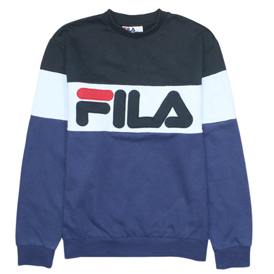 FILA Mens L Sweatshirt Blue Black White Colourblock Logo Crew Neck