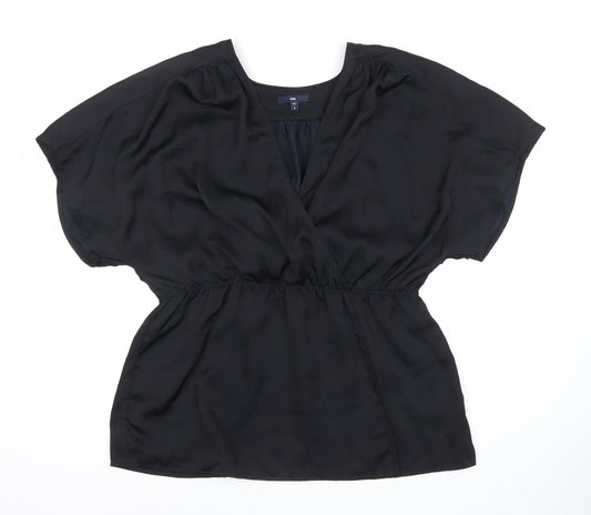 Gap Womens Black Wrap Blouse Size L Short Sleeve V-Neck Satin