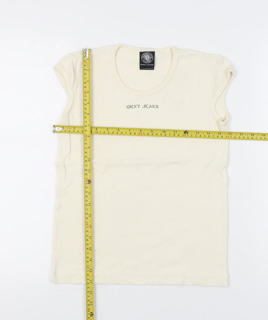 DKNY Jeans Women Ivory Cotton Crew Neck T-Shirt Size M