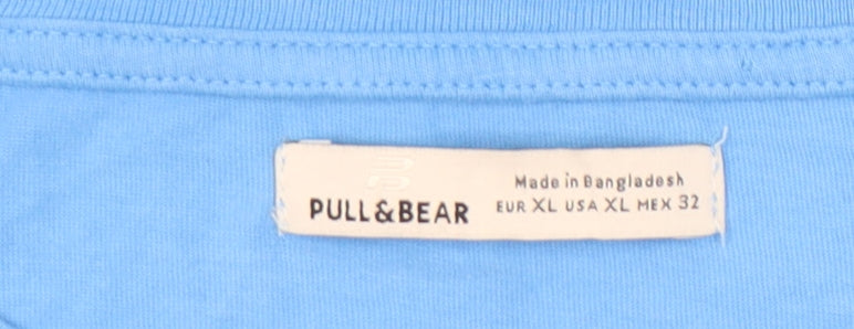 Pull&Bear Womens Blue XL Graphic Flower Print Cotton T-Shirt