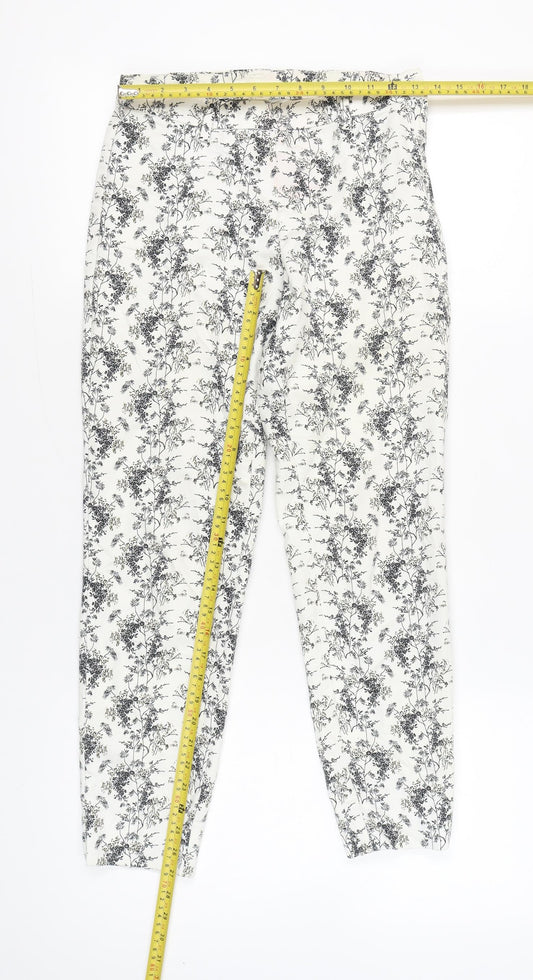 H&M Women's White Floral Slim Fit Cotton Blend Trousers Size 6