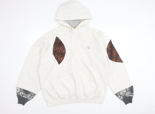 Champion Men’s White Pullover Hoodie L Fleece Patchwork Retro Style