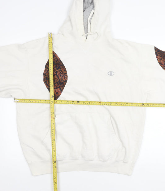 Champion Men’s White Pullover Hoodie L Fleece Patchwork Retro Style