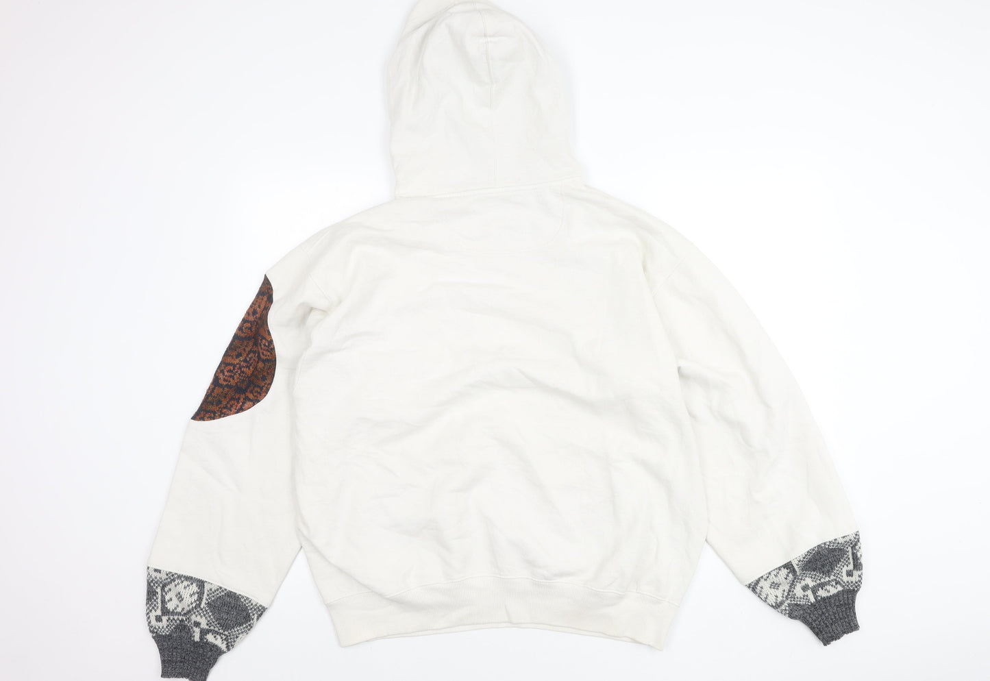 Champion Men’s White Pullover Hoodie L Fleece Patchwork Retro Style