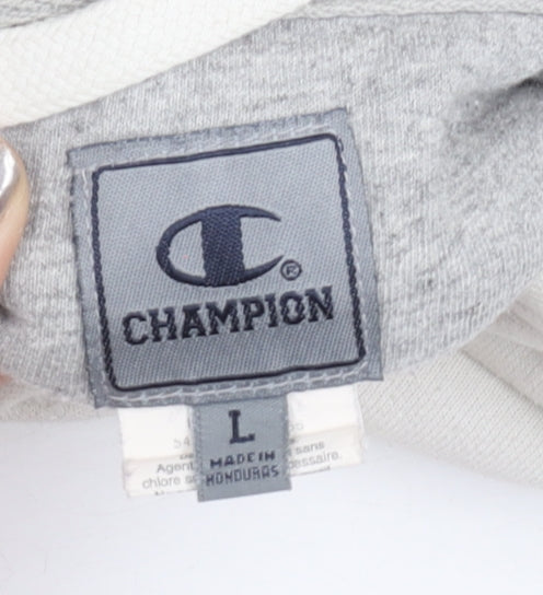Champion Men’s White Pullover Hoodie L Fleece Patchwork Retro Style