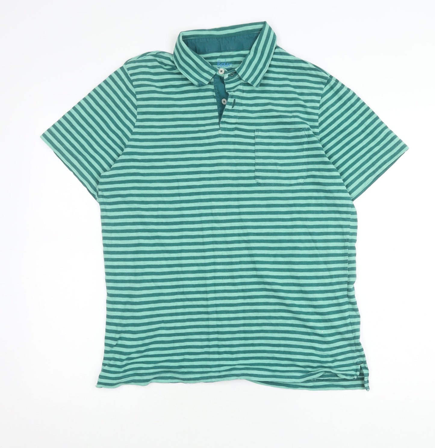 Boden Men's Green Striped Collared T-Shirt L Cotton Short Sleeve