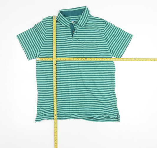 Boden Men's Green Striped Collared T-Shirt L Cotton Short Sleeve