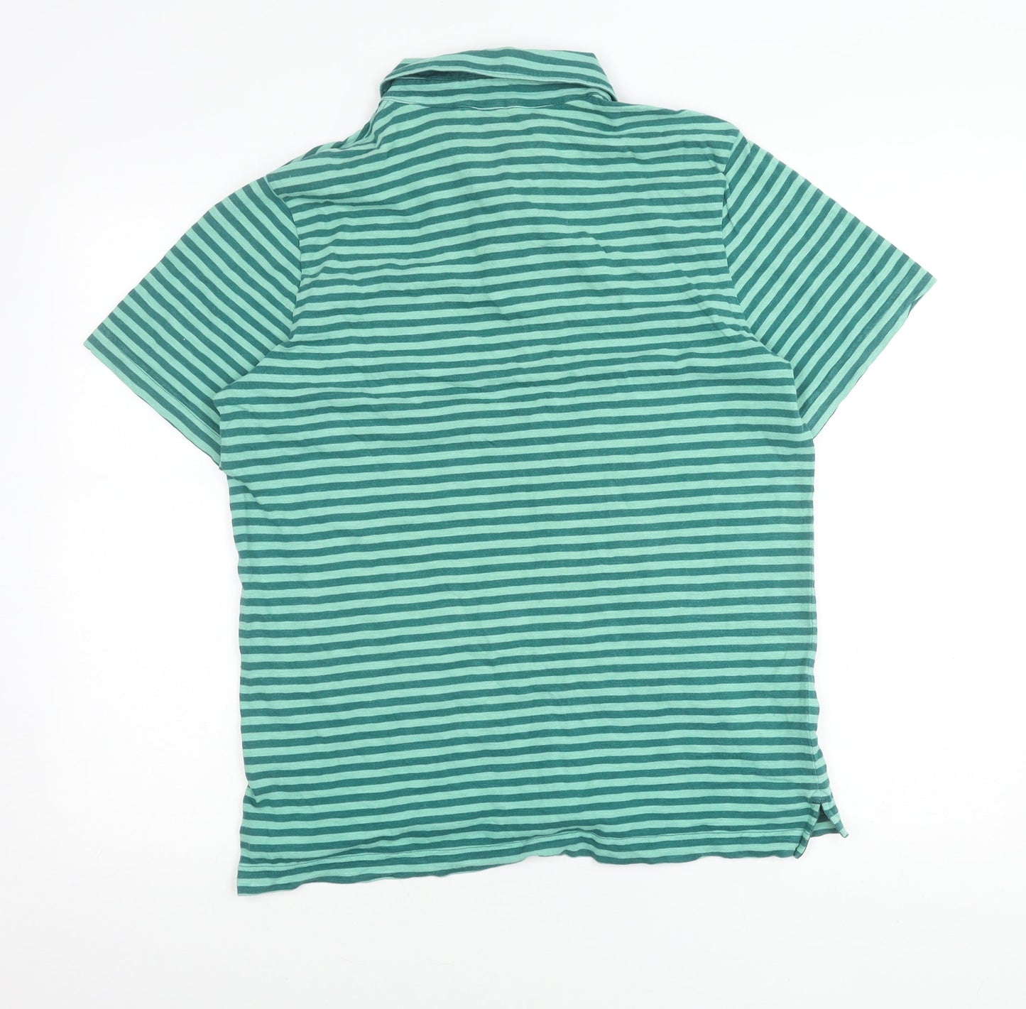 Boden Men's Green Striped Collared T-Shirt L Cotton Short Sleeve